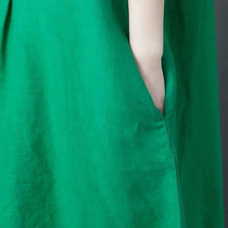 40代ファッション レディース 緑のリネンマキシシャツワンピース