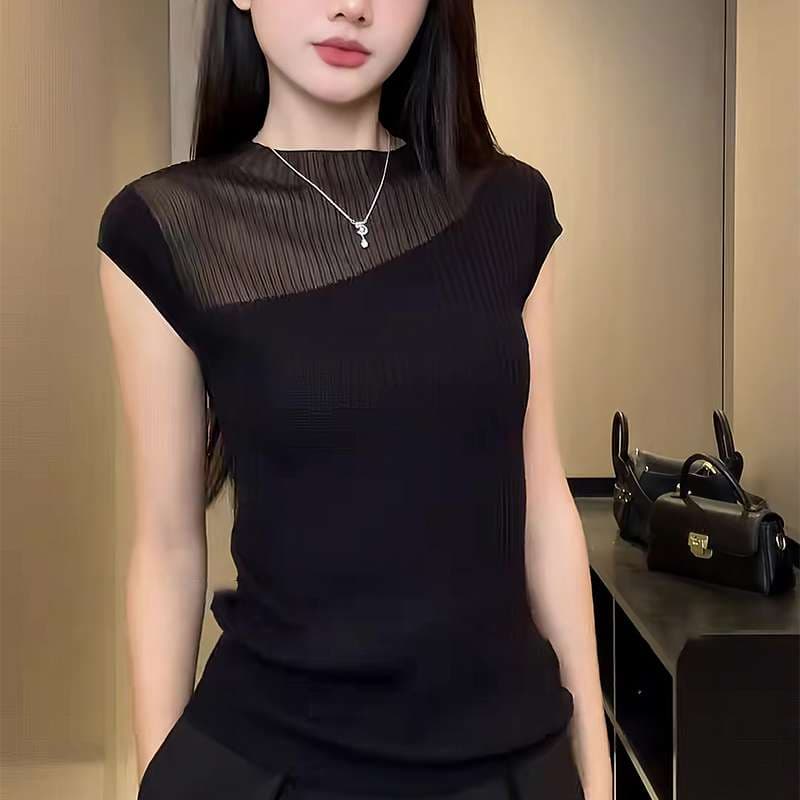 40代ファッション レディース エレガント シースルー切替 半袖カットソー