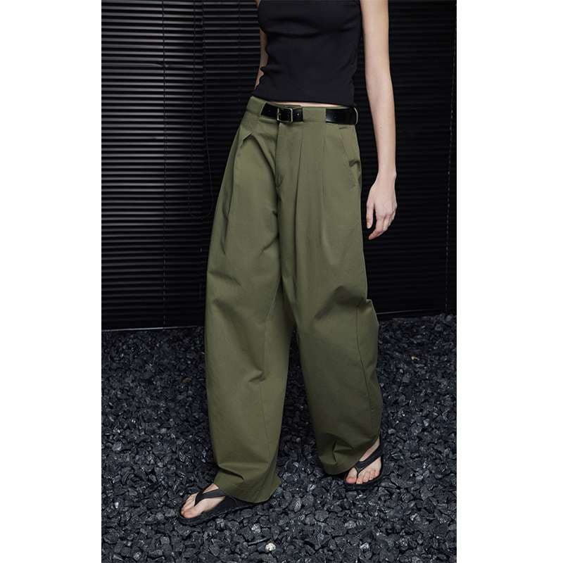 40代ファッション レディース ワイドシルエット ミリタリーグリーン パンツ