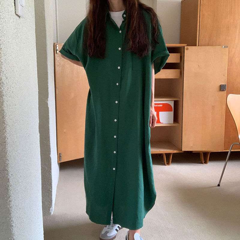 40代ファッション レディース 大人カジュアル グリーンシャツワンピース