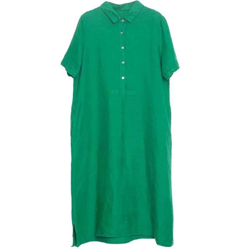 40代ファッション レディース 緑のリネンマキシシャツワンピース