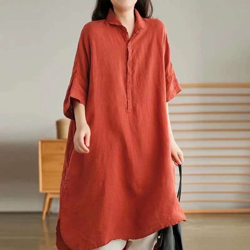 40代ファッション レディース ゆったりリネンシャツワンピース