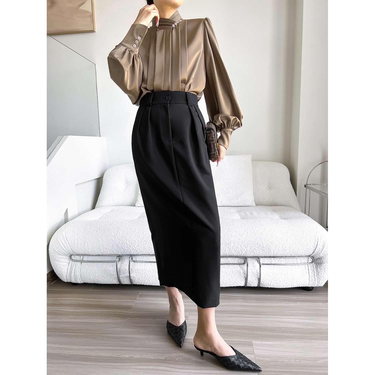 40代ファッション レディース エレガントなハイウエストロングスカート