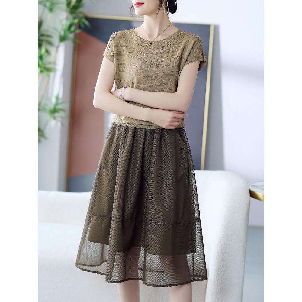 40代ファッション レディース エレガントな半透明スカート付きニットワンピース