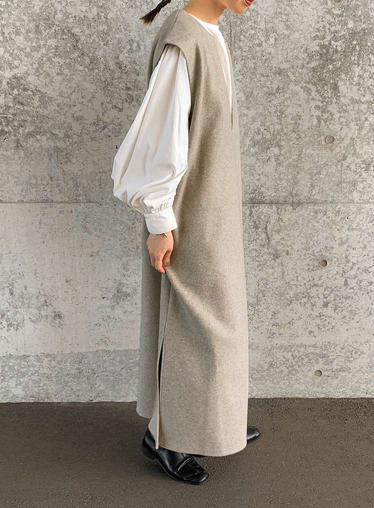 40代ファッション レディース レイヤード風ベスト付きロングワンピース