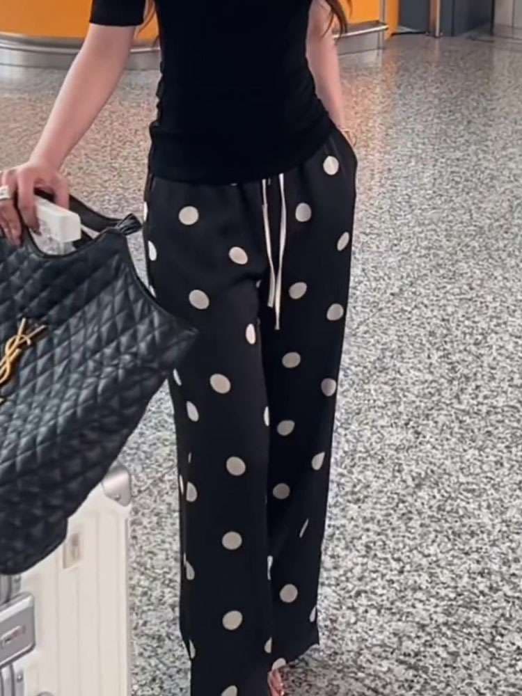 40代ファッション レディース 大人可愛いドット柄ワイドパンツ