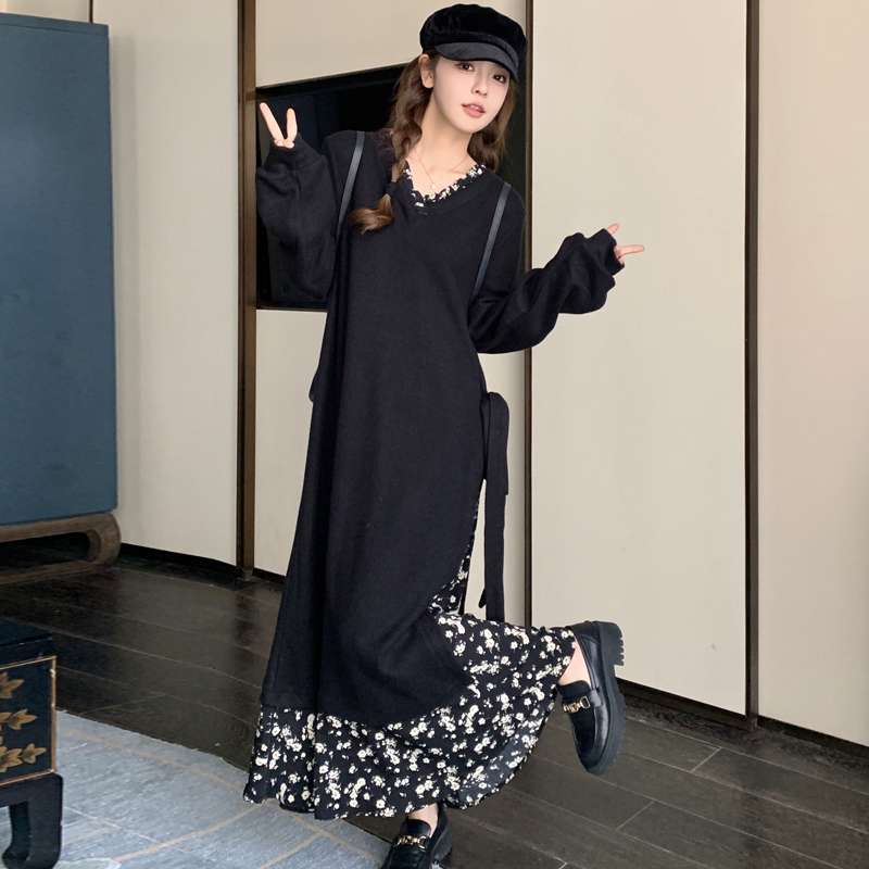 40代ファッション レディース エレガントな2層デザイン花柄ロングワンピース