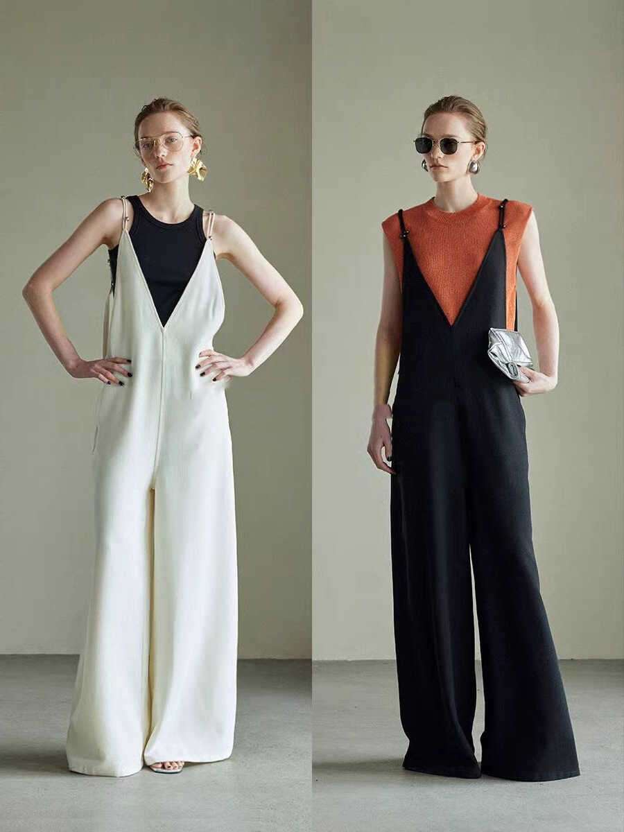 40代ファッション レディース 大人のVネックワイドサロペット