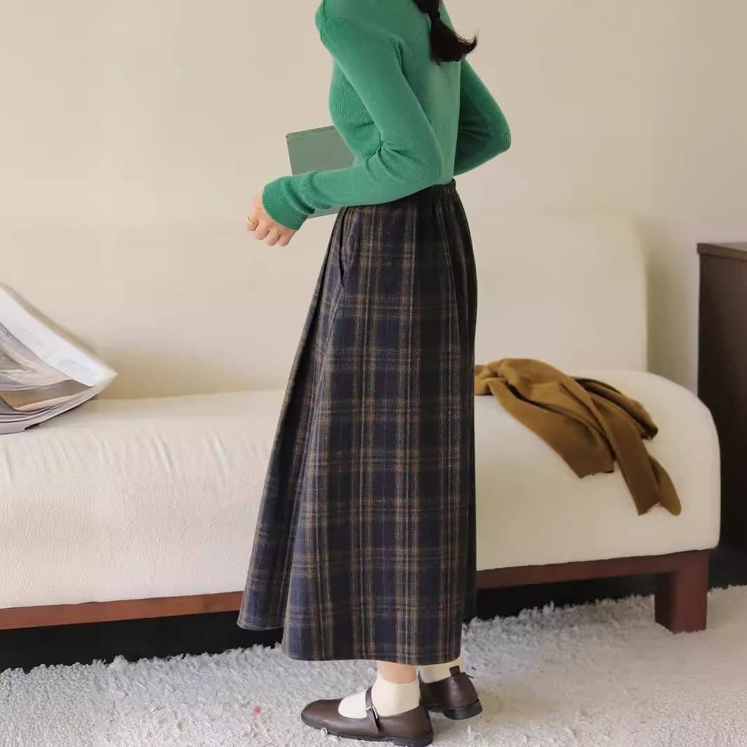 40代レディースファッション ウエストゴム チェック柄 ロングスカート