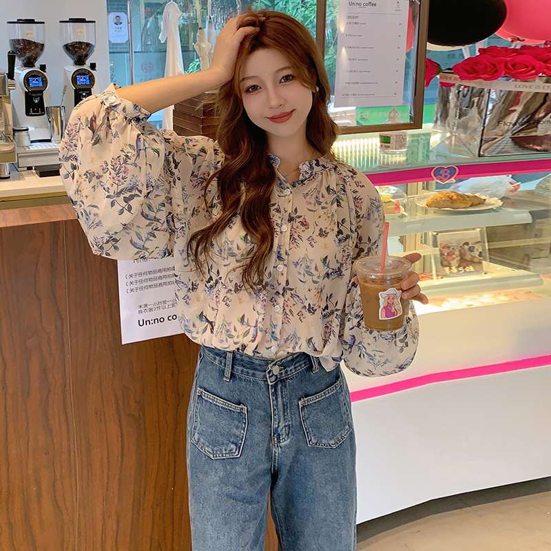 40代ファッション レディース 花柄フリルブラウス 七分袖シャーリング