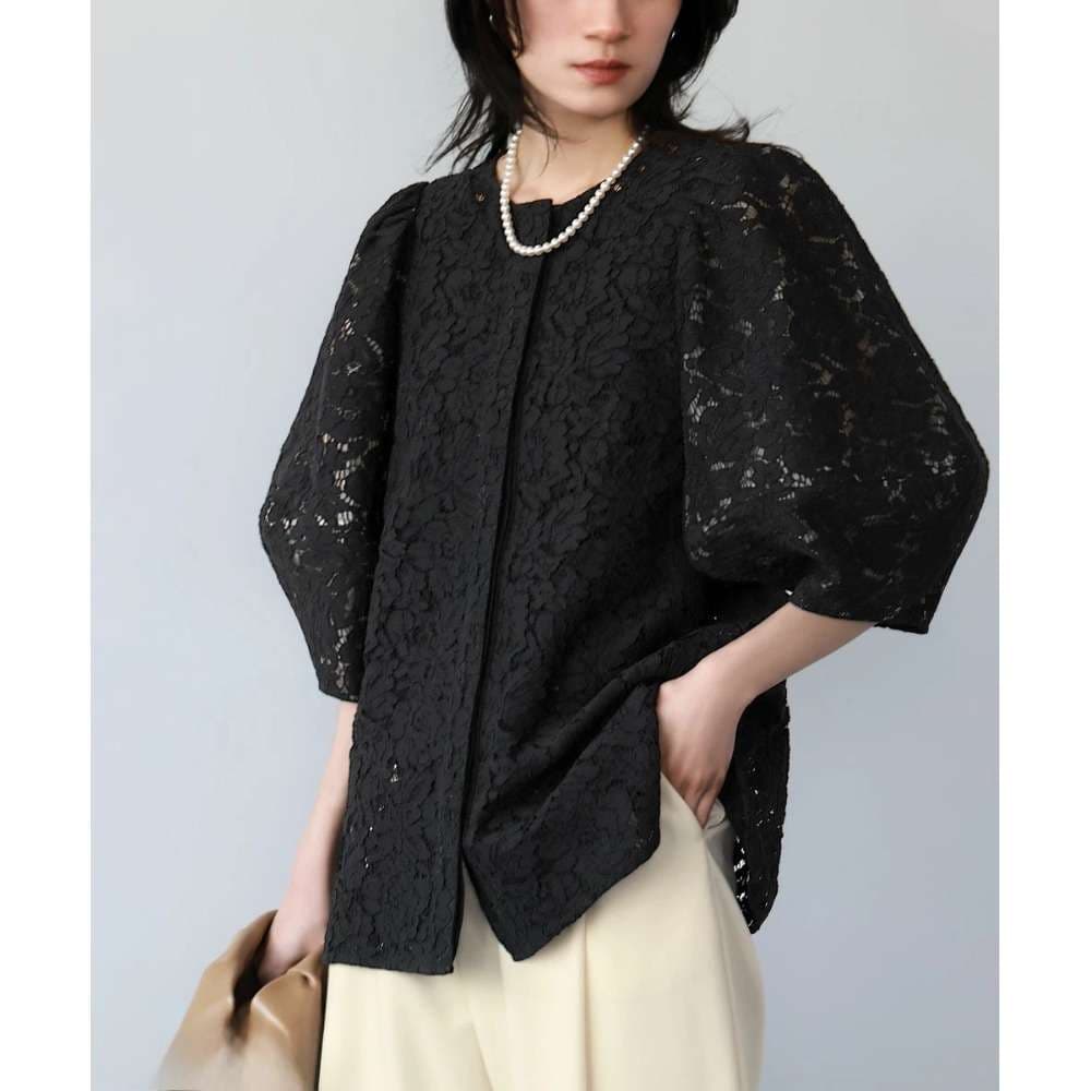 40代ファッション レディース レース編みパフスリーブジャケット
