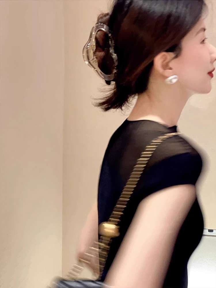 40代ファッション レディース 透け感シースルー切替えカットソー