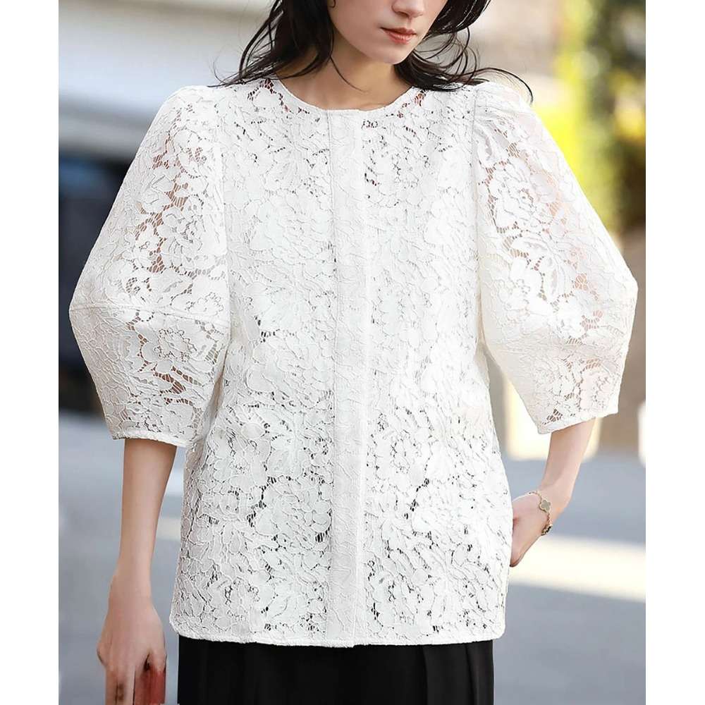 40代ファッション レディース レース編みパフスリーブジャケット
