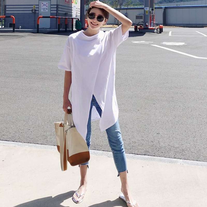 40代ファッション レディース オーバーサイズ ロングTシャツワンピース スリット入りTシャツ