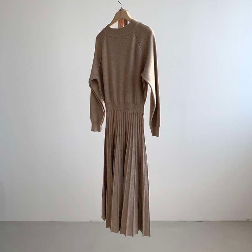 40代ファッション レディース プリーツスカート付き長袖ニットワンピース