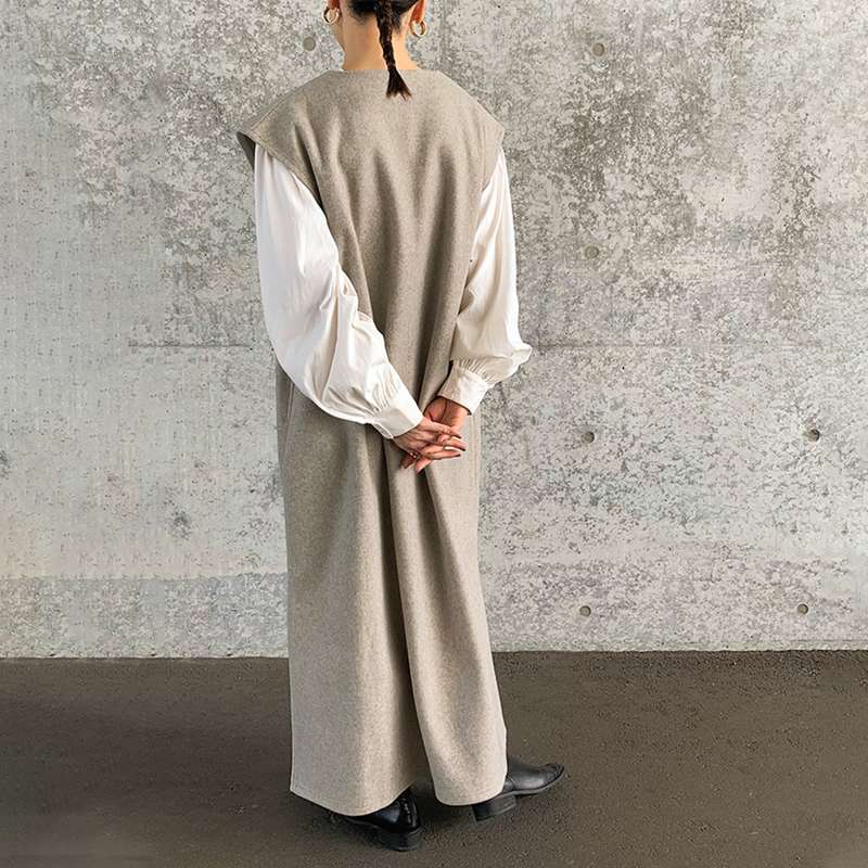 40代ファッション レディース レイヤード風ベスト付きロングワンピース