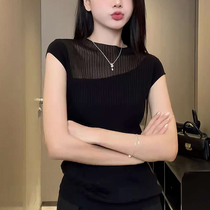 40代ファッション レディース エレガント シースルー切替 半袖カットソー