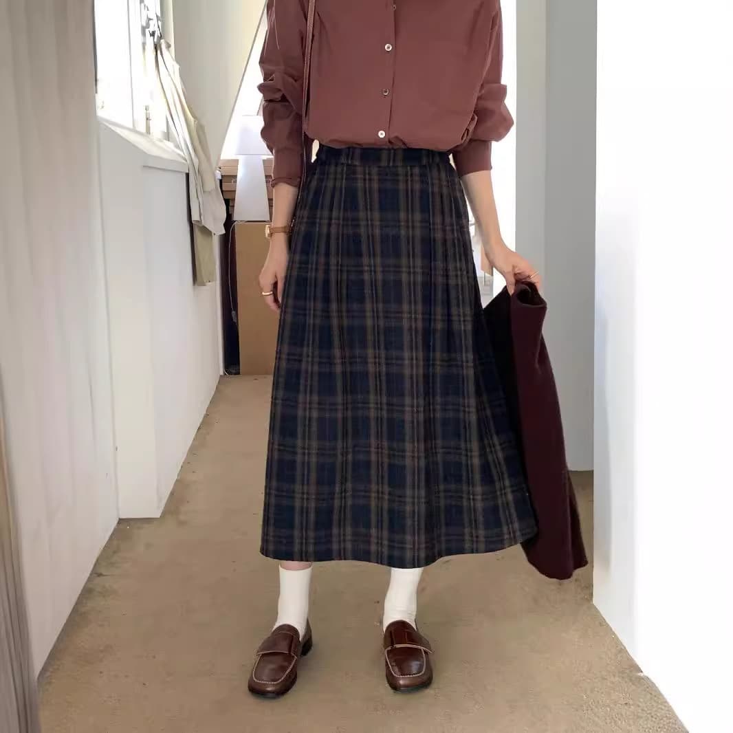 40代レディースファッション ウエストゴム チェック柄 ロングスカート