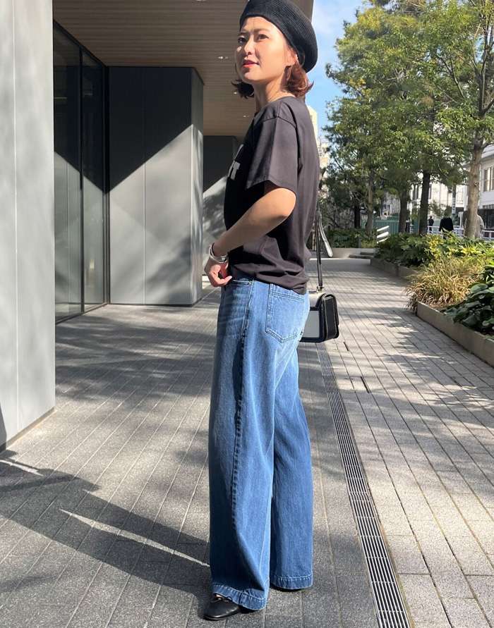 40代ファッション レディース 大人のセンタープレスワイドデニム
