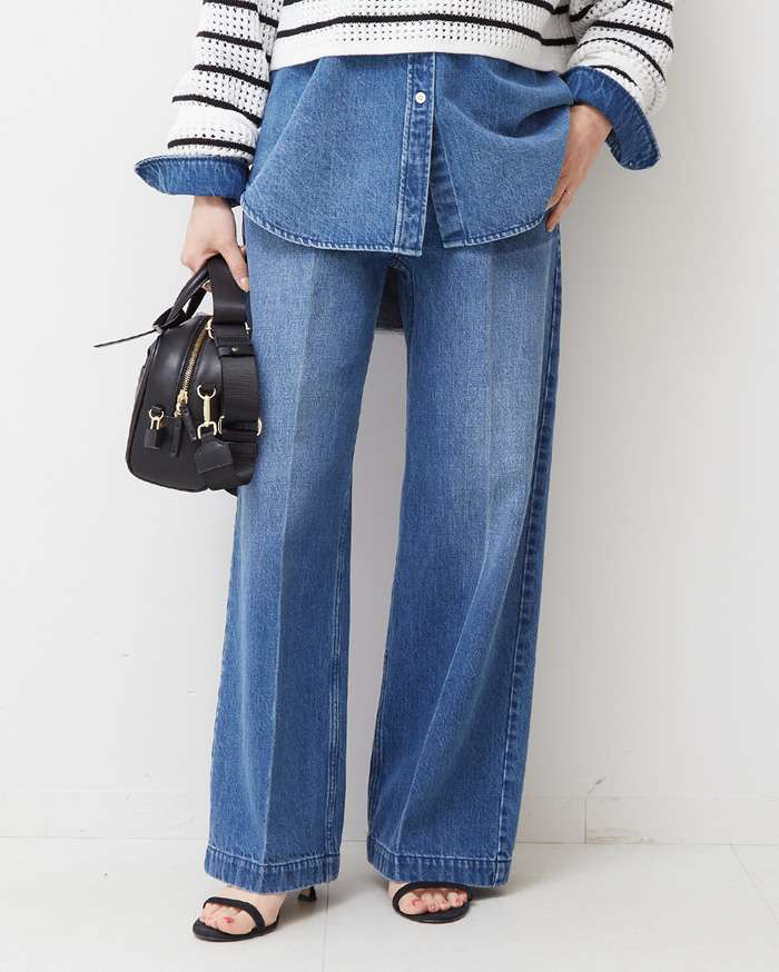 40代ファッション レディース 大人のセンタープレスワイドデニム