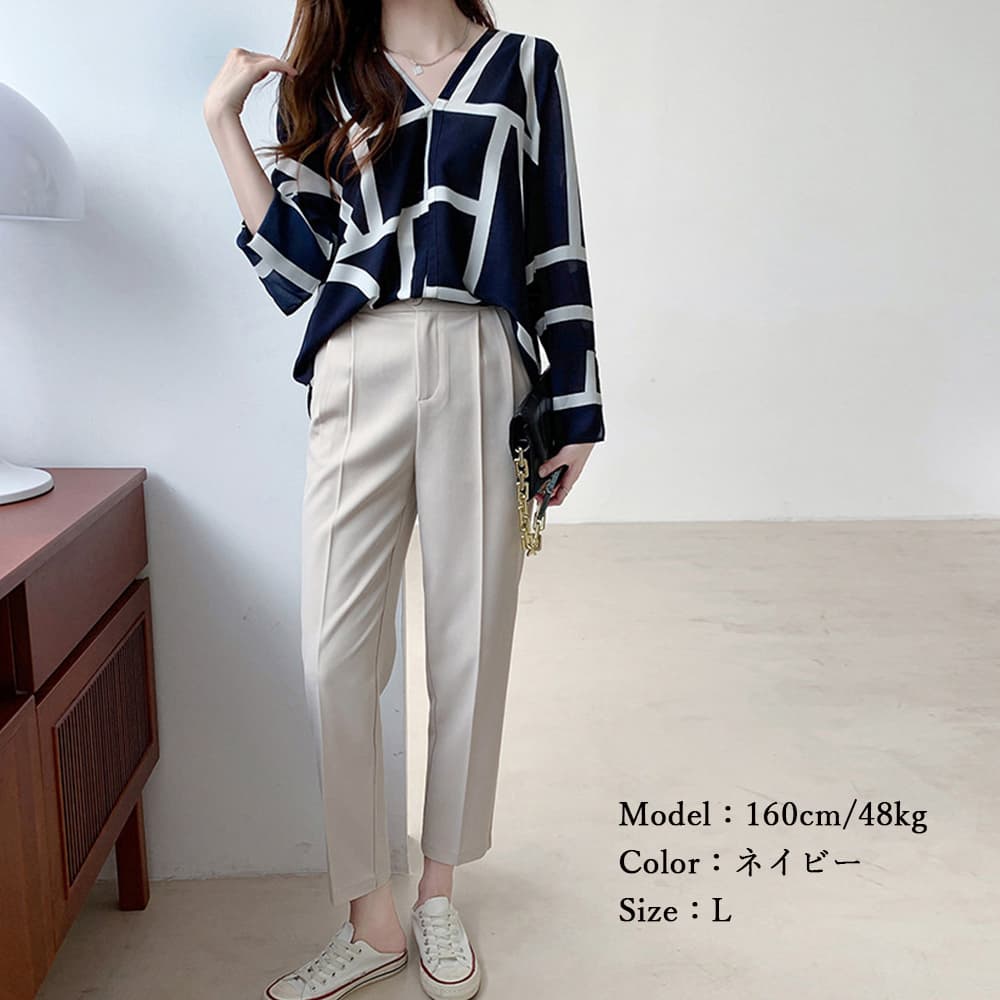 40代ファッション 幾何学柄ブイネックブラウス長袖レディース大人上品