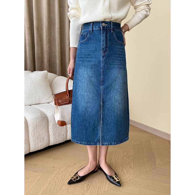 40代レディースファッション フロントスリット入りデニムミモレスカート