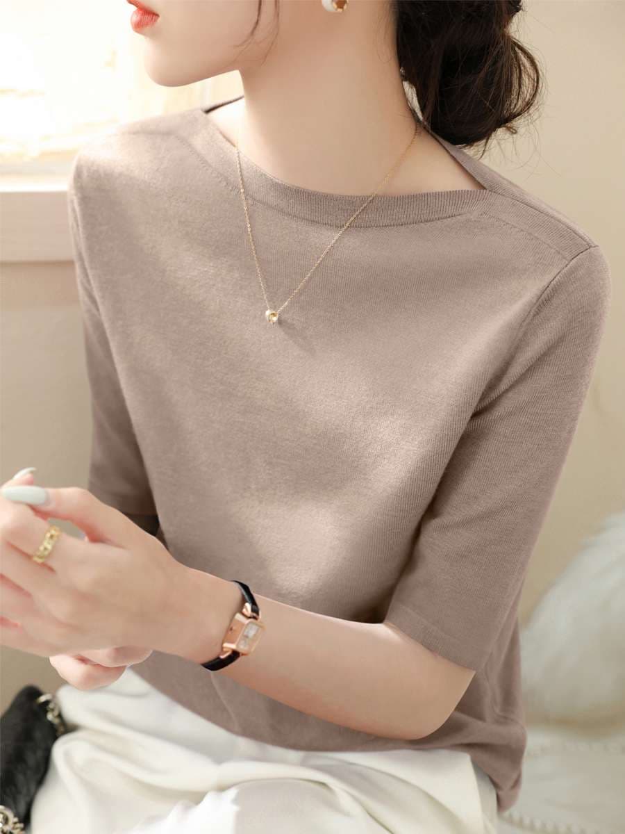 40代ファッション レディース アイスシルク ハーフスリーブ ボートネック トップス