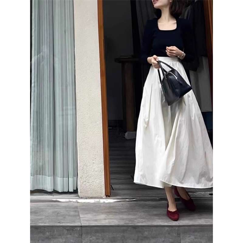 40代ファッション レディース ホワイト ハイウエスト フレア スカート シック