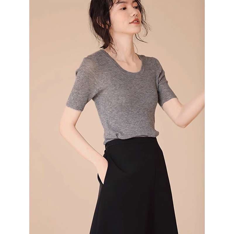 40代ファッション レディース シンプル 半袖Tシャツ 薄手 シアー素材 Uネック