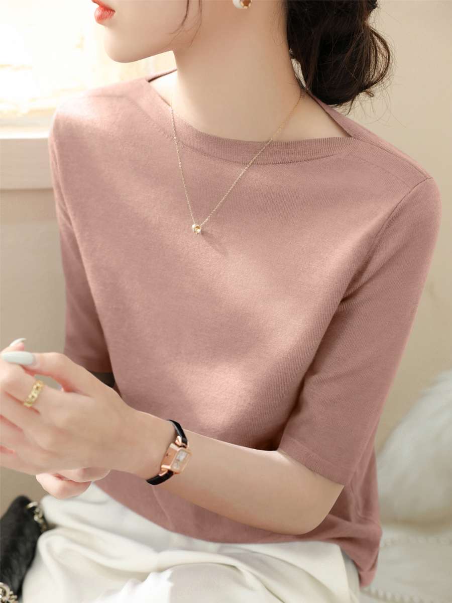 40代ファッション レディース アイスシルク ハーフスリーブ ボートネック トップス