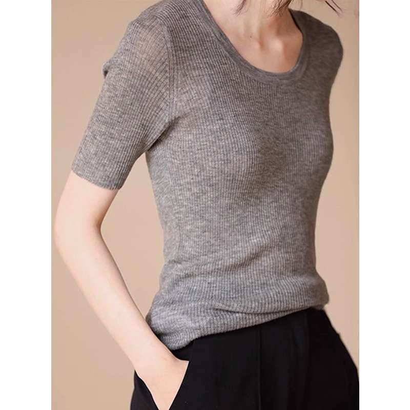 40代ファッション レディース シンプル 半袖Tシャツ 薄手 シアー素材 Uネック
