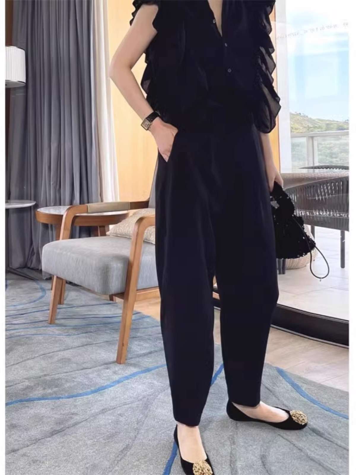 40代ファッション レディース スラックス パンツ バルーンシルエット タック入り