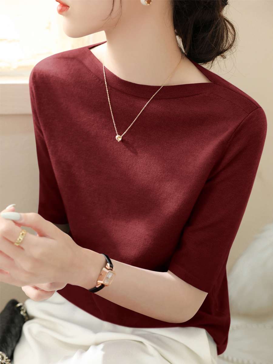 40代ファッション レディース アイスシルク ハーフスリーブ ボートネック トップス