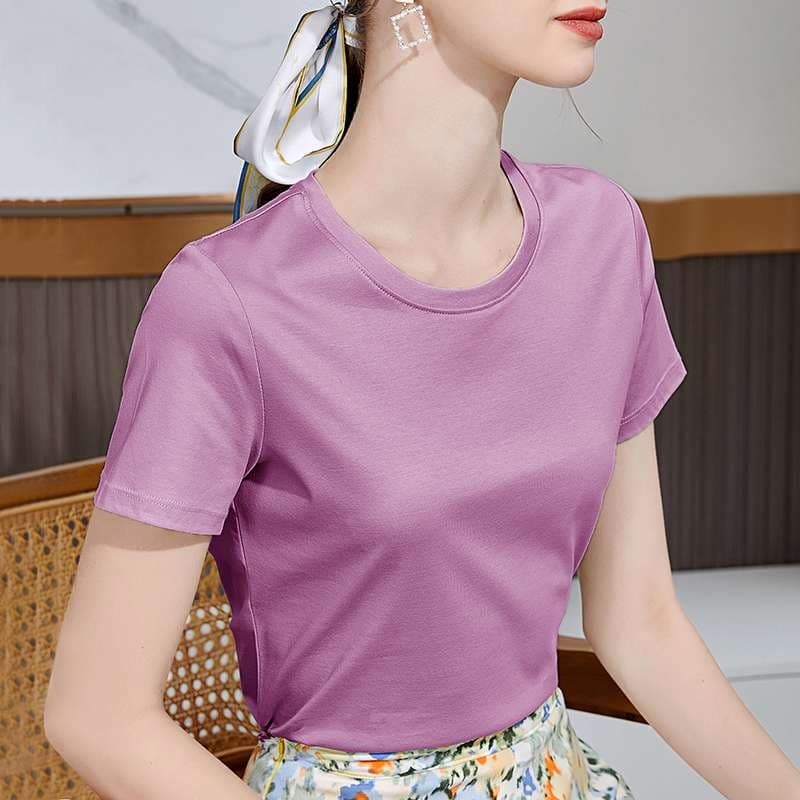 40代ファッション レディース ユーロスタイル シルク コットン Tシャツ