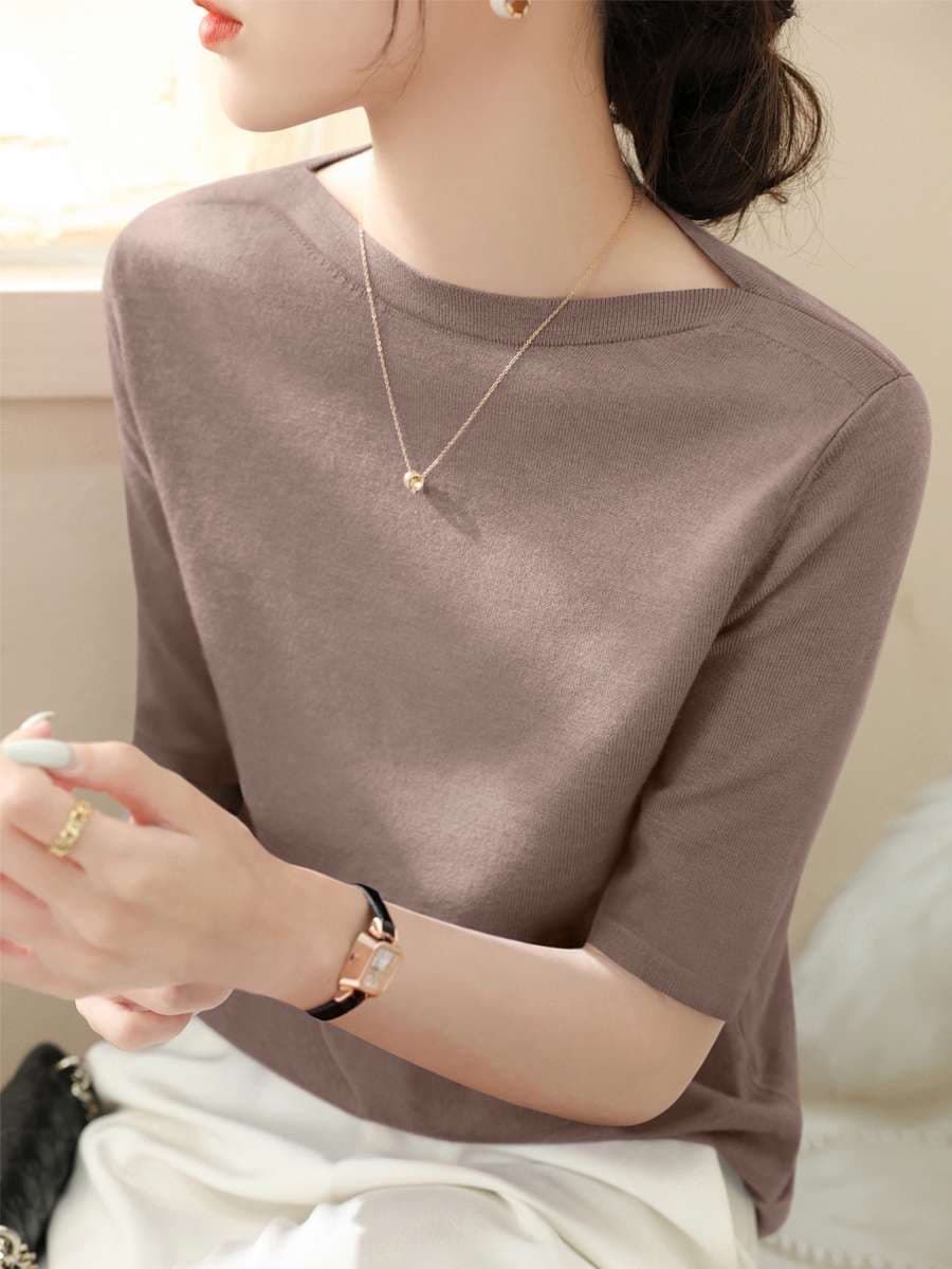 40代ファッション レディース アイスシルク ハーフスリーブ ボートネック トップス