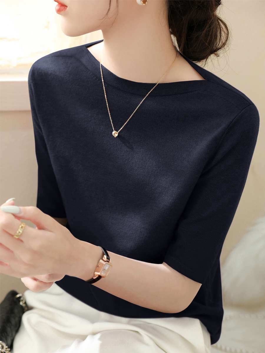 40代ファッション レディース アイスシルク ハーフスリーブ ボートネック トップス