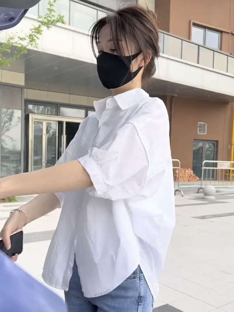 40代ファッション レディース 五部袖 二の腕カバー ゆったりシンプルシャツ