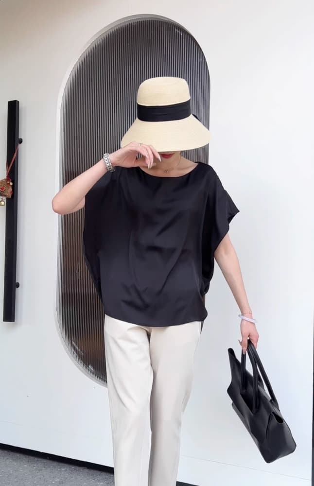 40代ファッション レディース ラウンドネック フレンチスリーブ ブラウス