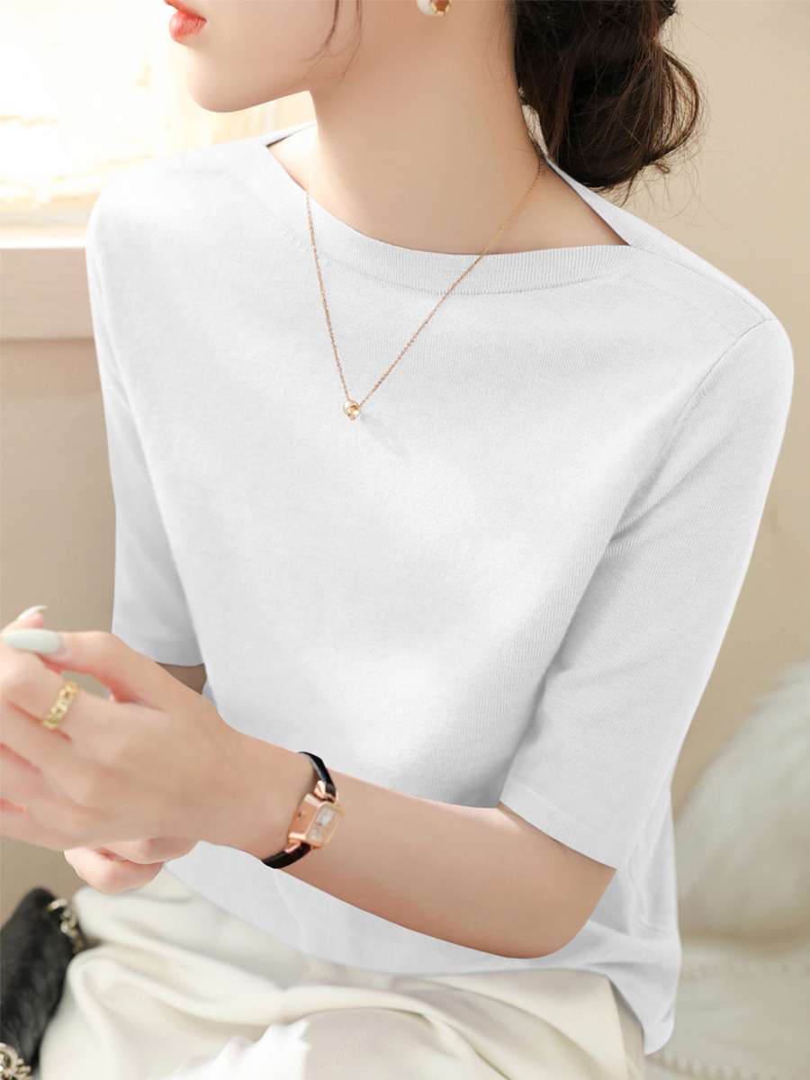 40代ファッション レディース アイスシルク ハーフスリーブ ボートネック トップス