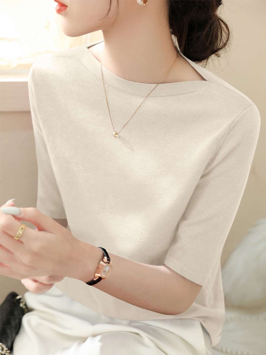 40代ファッション レディース アイスシルク ハーフスリーブ ボートネック トップス