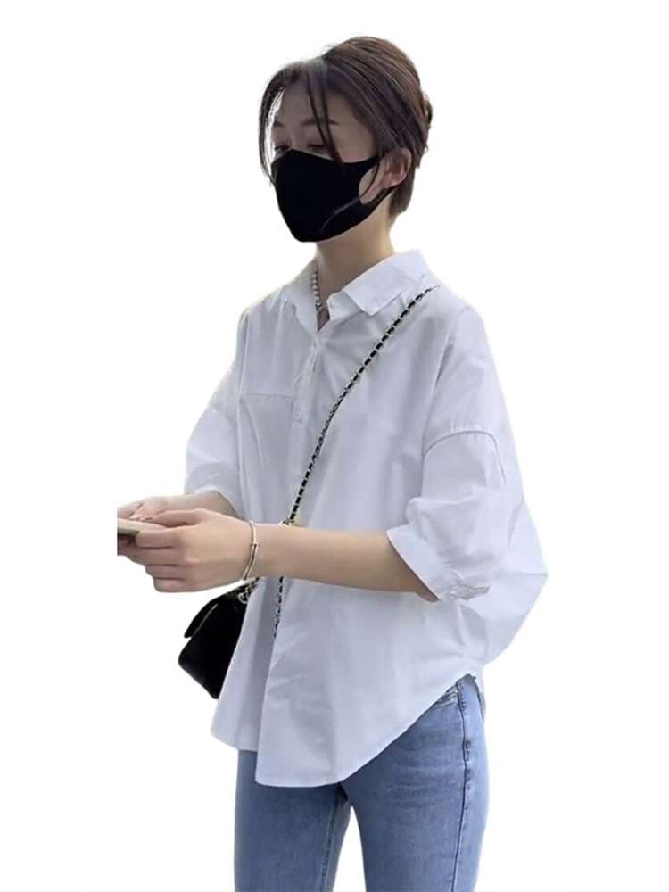 40代ファッション レディース 五部袖 二の腕カバー ゆったりシンプルシャツ