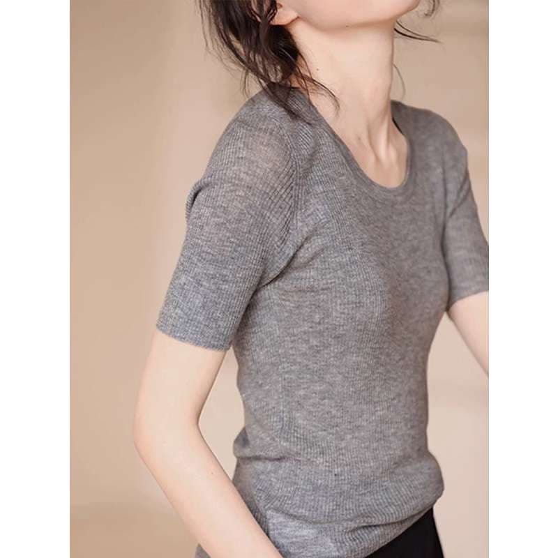 40代ファッション レディース シンプル 半袖Tシャツ 薄手 シアー素材 Uネック