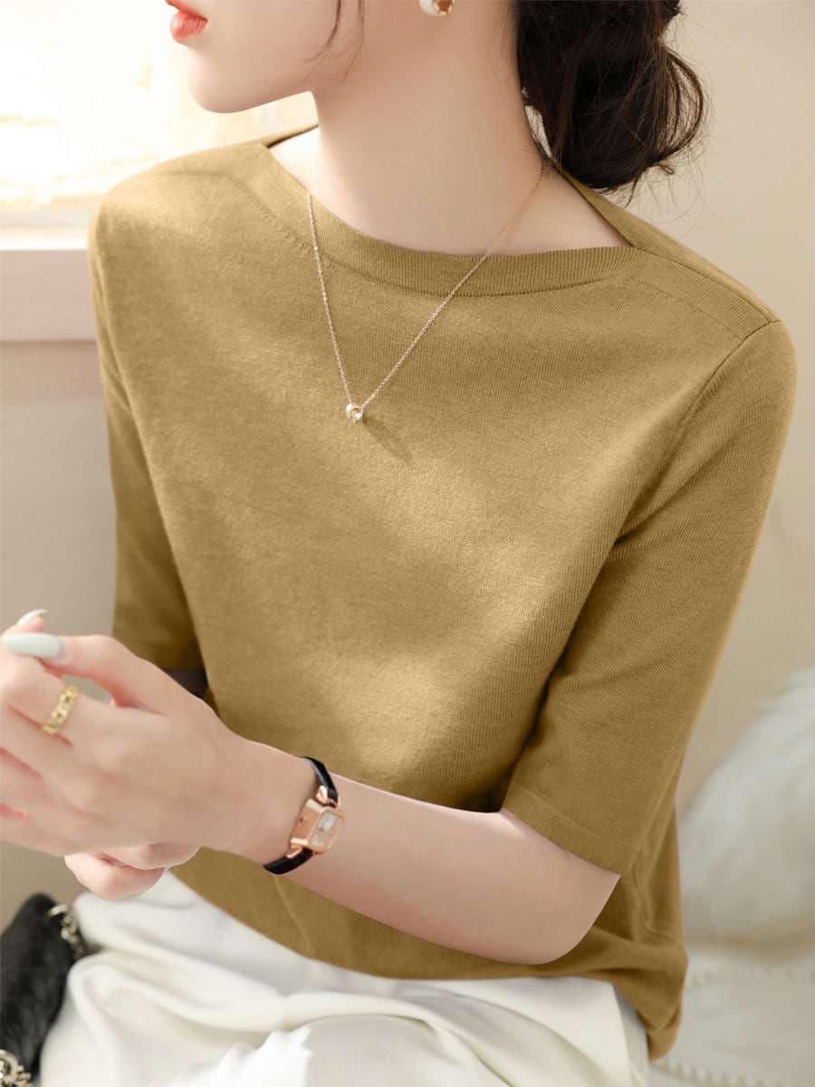 40代ファッション レディース アイスシルク ハーフスリーブ ボートネック トップス