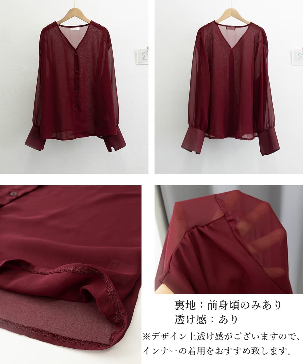 40代ファッション 薄手シフォン素材通勤ブラウス深めV襟上品とろみ