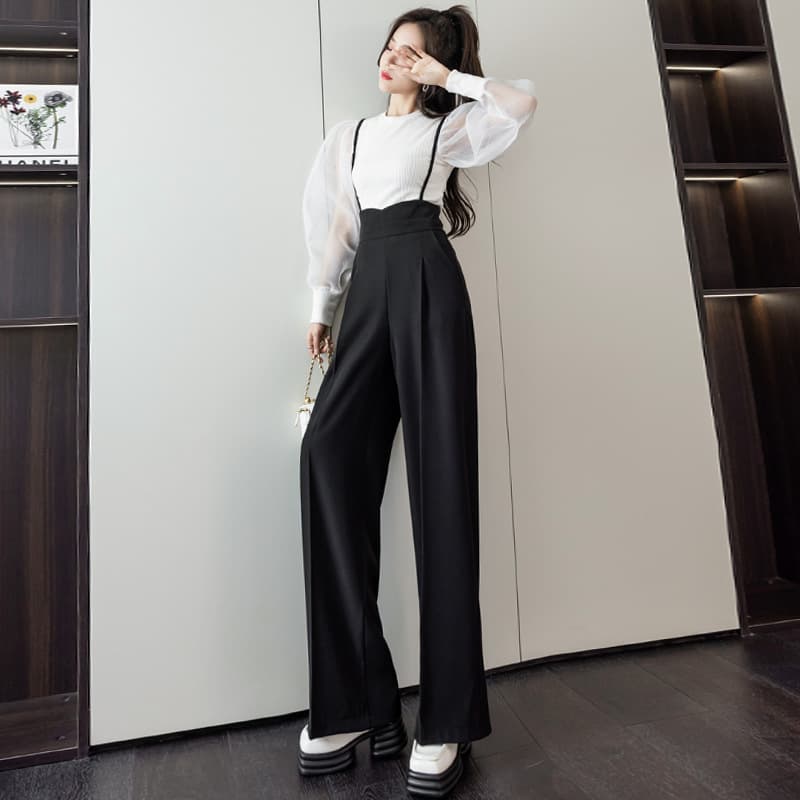40代ファッション 大人のロング丈サロペットパンツ