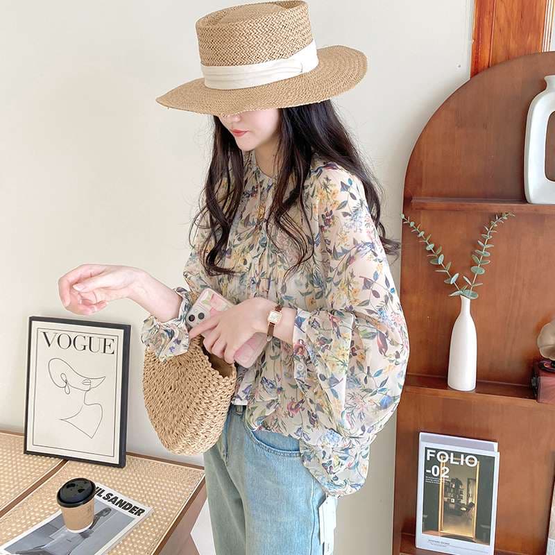 40代ファッション レディース 花柄シフォンブラウス ふんわり袖