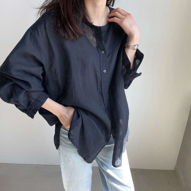 40代ファッション レディース リラックスフィットリネンブレンドシャツ