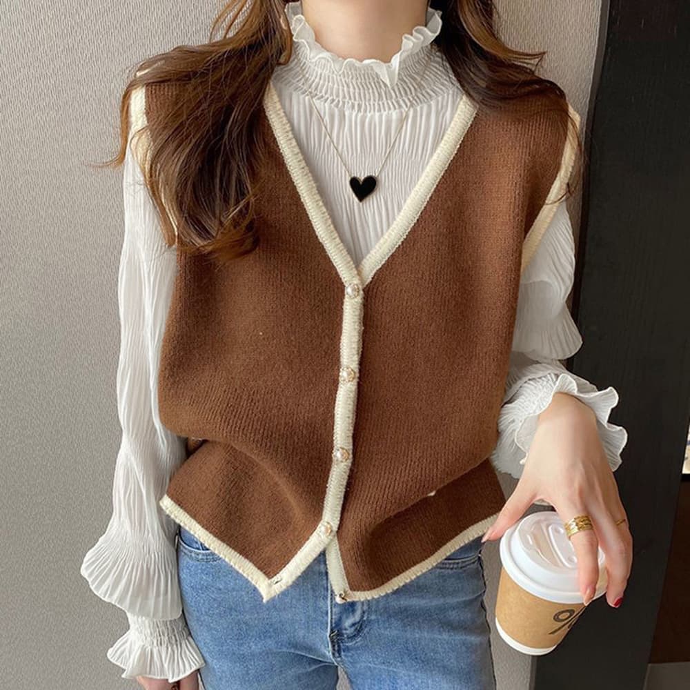 40代ファッション フリル襟ハイネックブラウス長袖上品