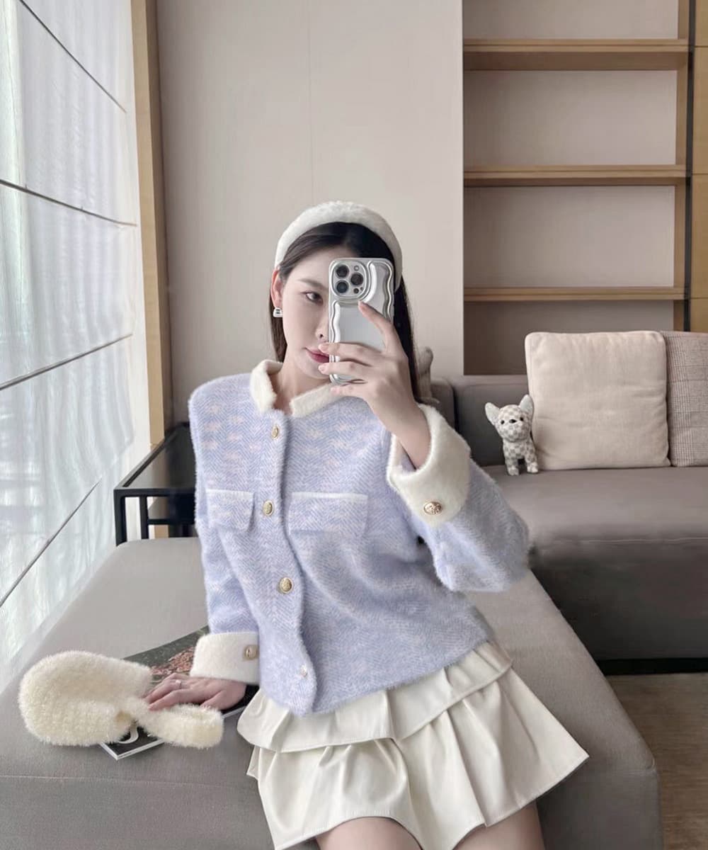 40代ファッション ふわふわツイード風ニットジャケット
