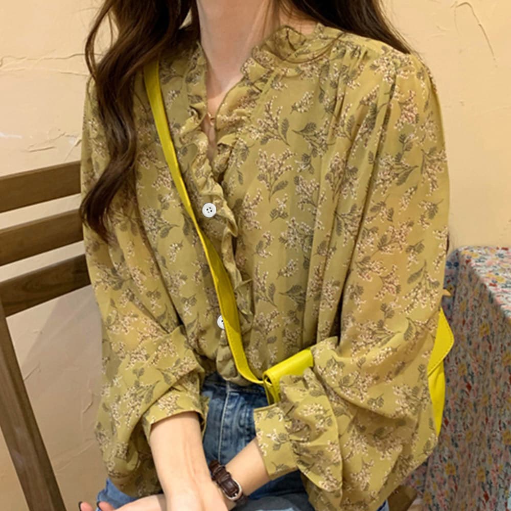 40代ファッション 襟フリル花柄シフォンブラウス長袖